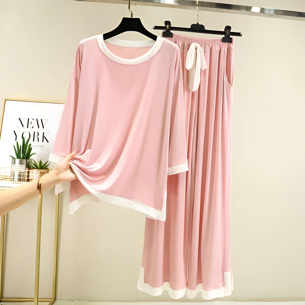 Full sleeves Pink with White Round Neck Palazzo Pajama Set