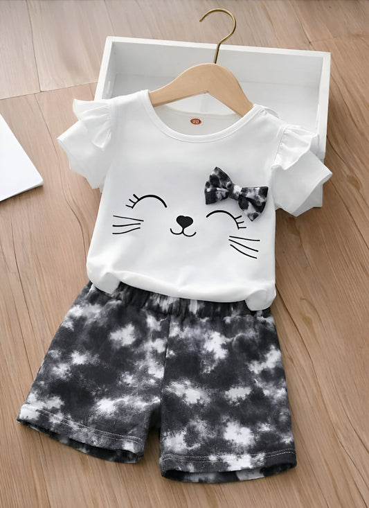 White with Black Bow Kitten Print Kids wear