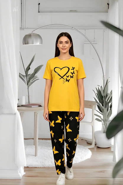Yellow Heart and Butterfly Printed 2 Piece Pajama Set