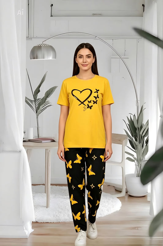 Yellow Heart and Butterfly Printed 2 Piece Pajama Set
